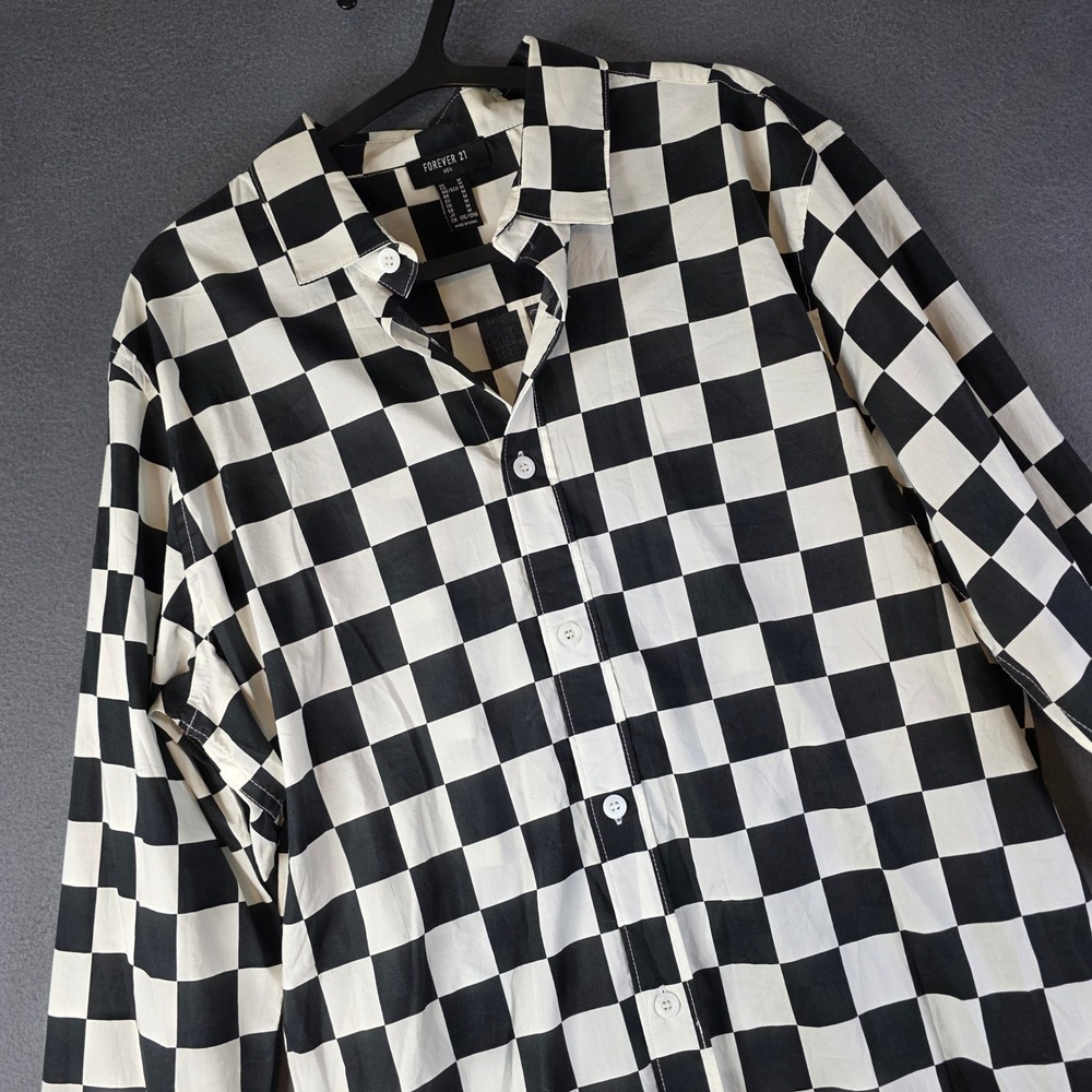 Forever 21 Button Down Shirt Mens Medium Black White Checkered Long Sleeve
